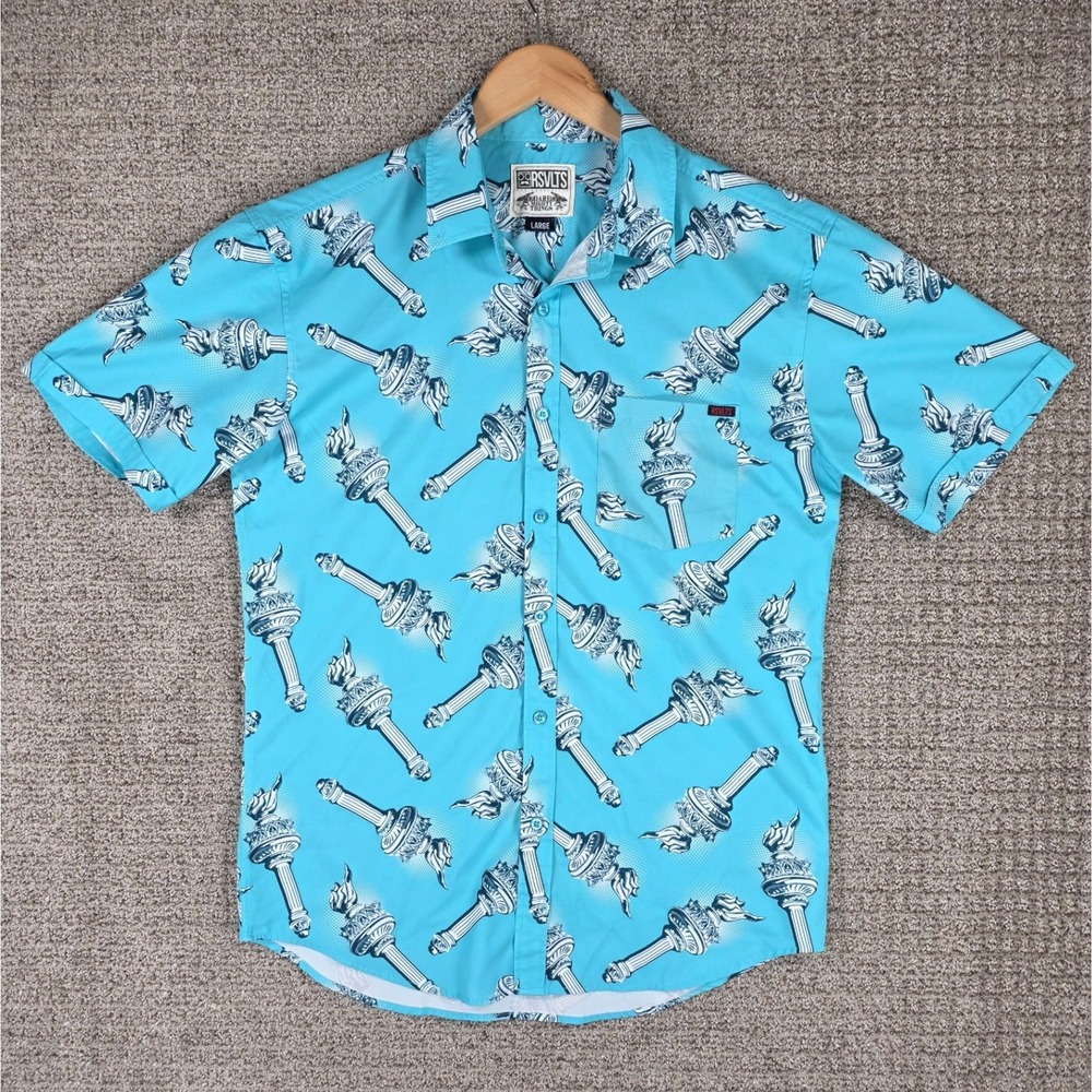 RSVLTS Mens Large Blue Statue of Liberty Kunuflex Short Sleeve Button Down Dare